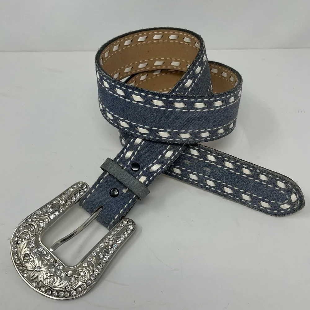 Justin Denim & leather belt with Rhinestone buckle M - Picture 6 of 11